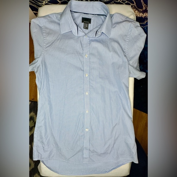 H&M Reg Fit Oxford Stretch Short Sleeve Button Up Shirt Light Blue Medium 15 3/4 - Picture 8 of 9